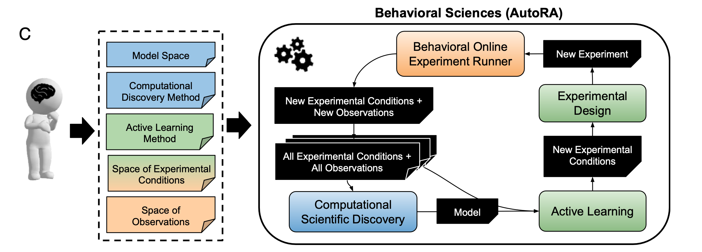 Diagram of AI-assisted empirical behavioral research including automated model discovery, experimental design, and experimentation.