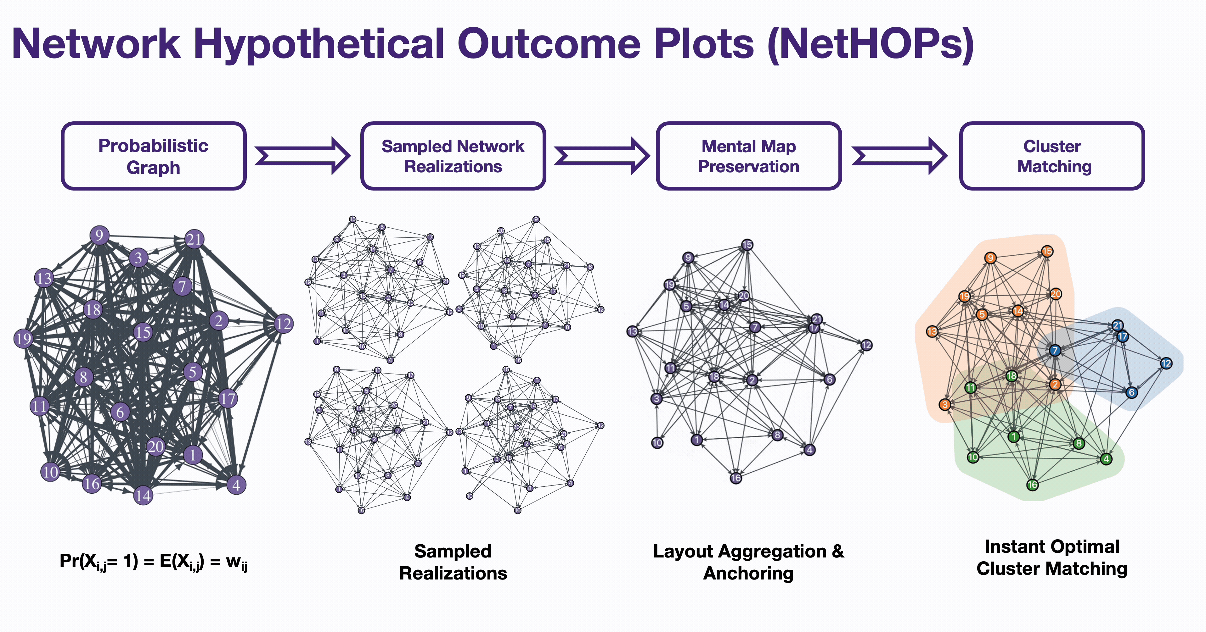 At a high level, the NetHOPs creation pipeline starts with formulating a probabilistic random graph model based on a given network dataset. The model provides a network data generating process enabling us to sample a sequence of different network realizations via a Monte Carlo process. We apply our instant-optimal community detection and matching algorithms to the network sequence so each individual realization is supplemented with additional measures that capture community structure across the set. We pass the network sequence to the visualization functions, which compute the layouts and use the additional community structure measures to color communities.