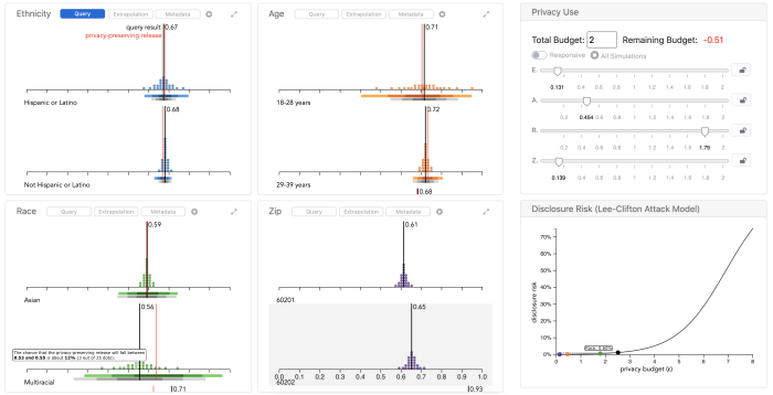 Differentially private mechanisms can be used to calculate statistics in a way that preserves the privacy of those whose information is represented in the dataset. Using these mechanisms, however, requires setting privacy budgets, a task for which there is little to no formal guidance. We introduce an interactive visualization interface, Visualizing Privacy (ViP), which is designed to assist a practitioner in considering multiple probabilistic trade-offs to set context-appropriate privacy budgets both for privacy-preserving point estimates and privacy-preserving confidence intervals.
